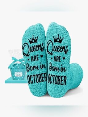 Happypop Turquoise Fuzzy Slipper Socks - "Queens Are Born in October"